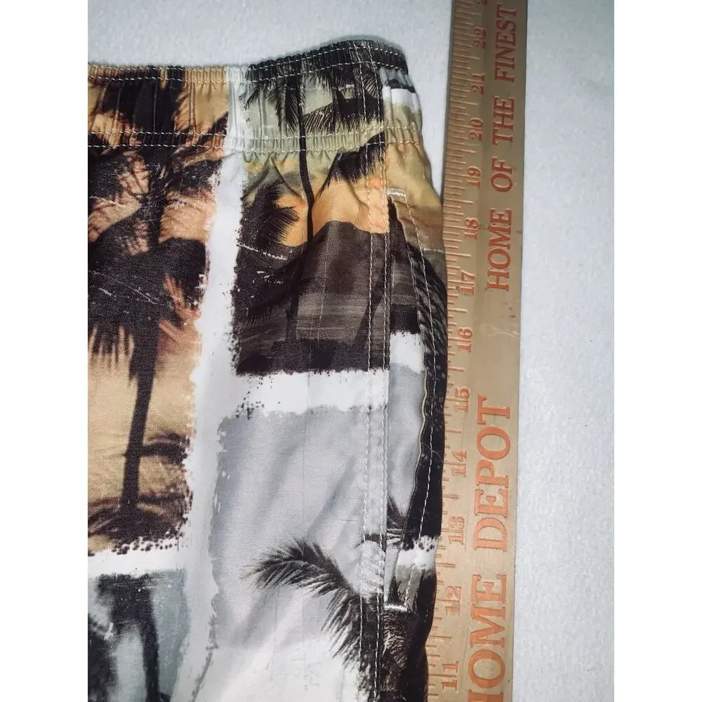 L No Bad Days Cargo Swim Trunks Orange Beige Brown Tropical Print Mens READ